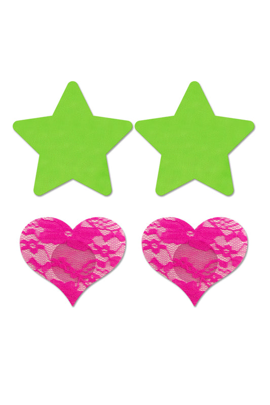 Fashion Pasties Set: Neon Green Solid Star, Neon Pink Lace Heart