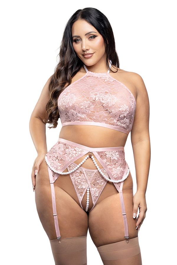 Bralette, Garter Belt & Crotchless Pearl G-string