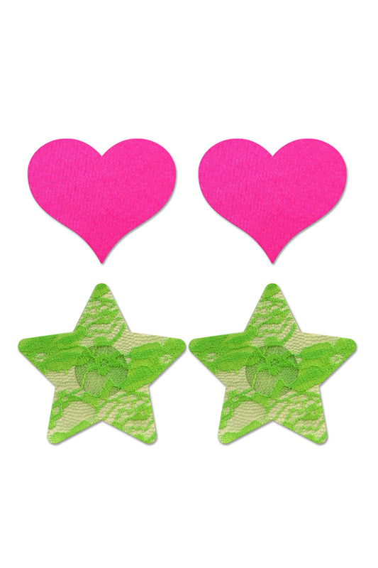 Fashion Pasties Set: Neon Pink Satin Heart, Neon Green Lace Star
