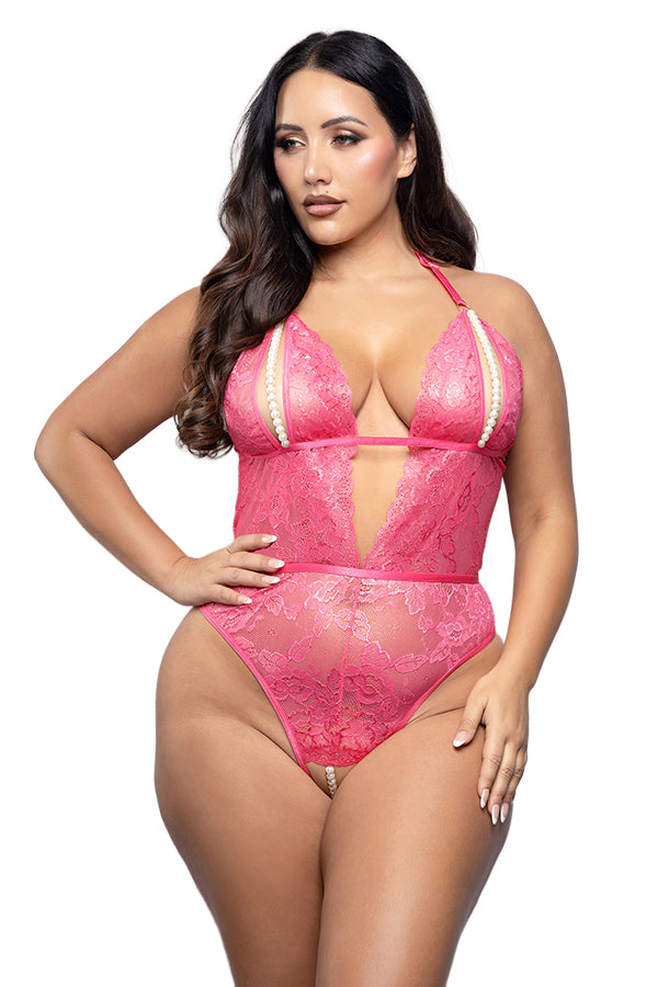 Crotchless Pearl Teddy Hot Pink