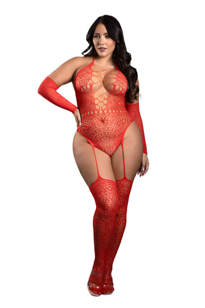 Secret Rendezvous Crotchless Teddy Bodystocking & Gloves